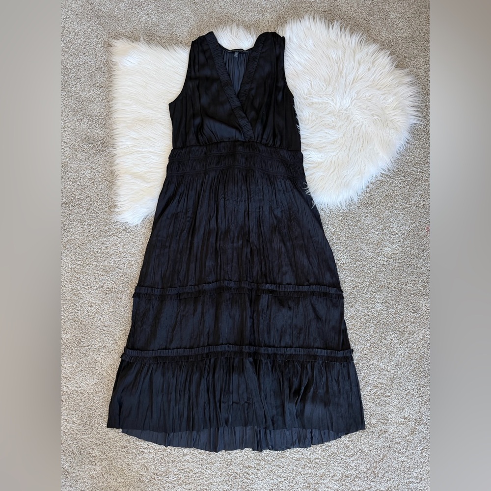 White House Black Market Black Satin Ruffle Midi Dress